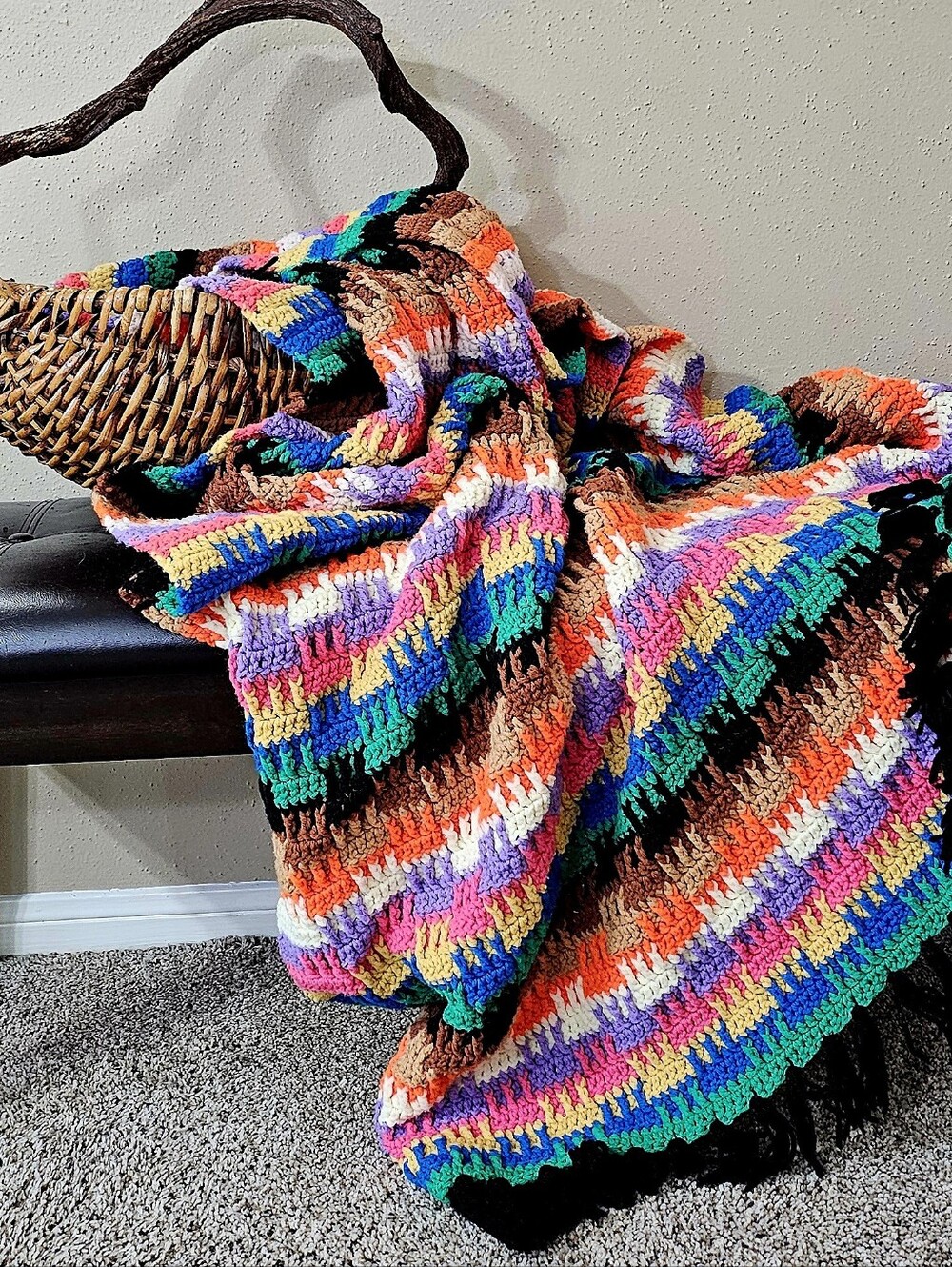 Vintage handmade multicolor crochet throw blanket - Vibrant Stripes